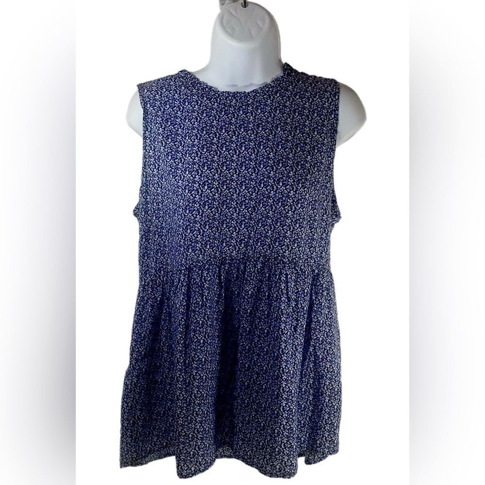 Rachel Zoe Blue Sleeveless Babydoll Crewneck Keyhole Back Blouse Top Size XL